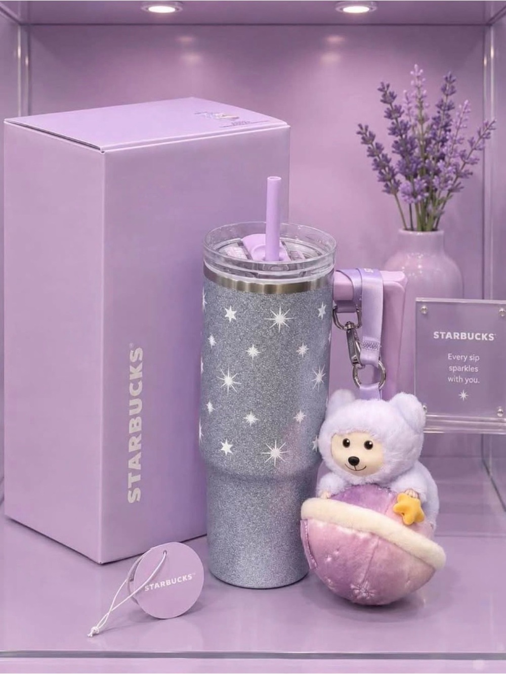 Starbucks China Exclusive Purple Night Galaxy Star Planet Tumbler w/ Bear Charm